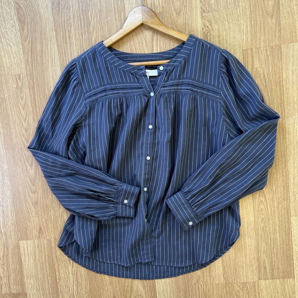 Loft Womens Tunic Top Size L Button Up Pin Stripes Cotton Coastal Lagenlook Boho